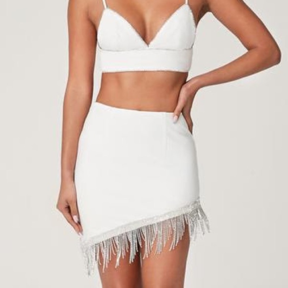 Diamanté trim crop top/ Diamanté fringe mini skirt